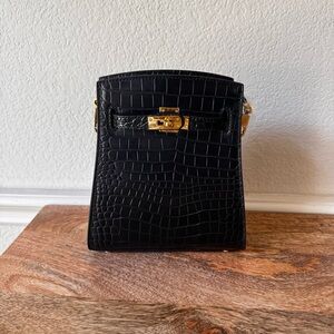 Black Croc Embossed Mini KL Sport Bag Belted Front Structured Crossbody S2